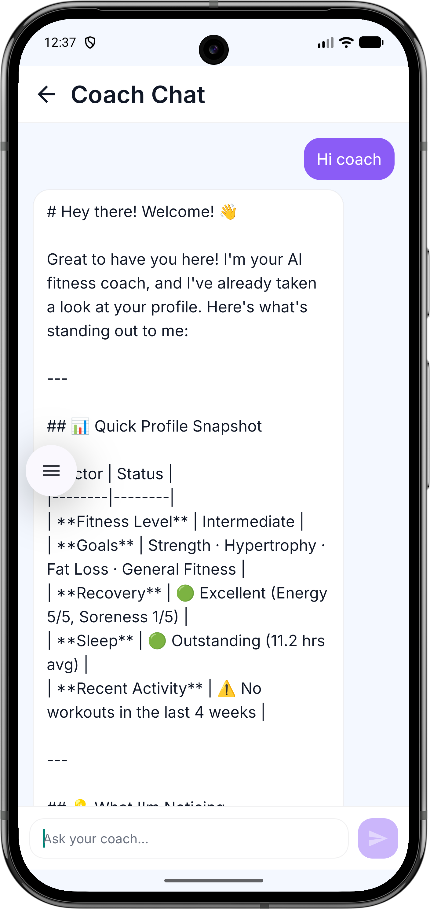 Digital coach chat screen