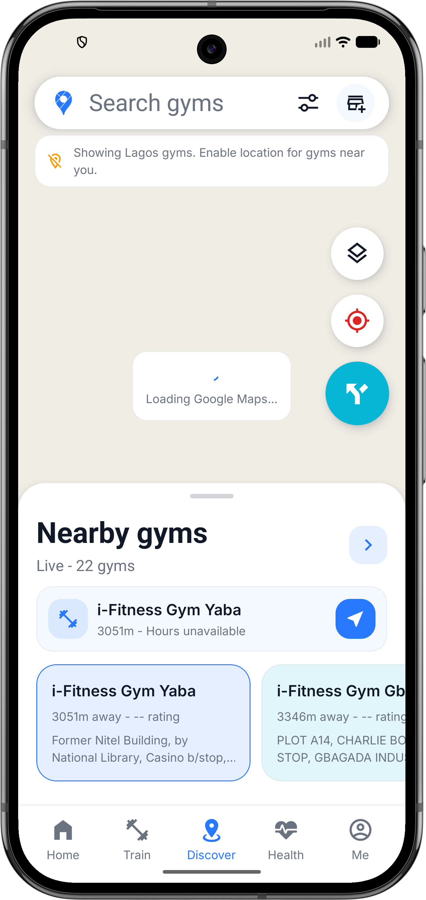 Nearby gyms map and search screen